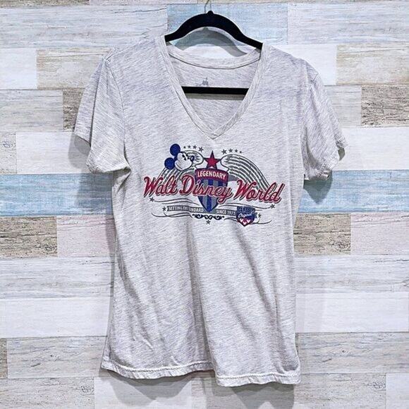WALT DISNEY WORLD V Neck Graphic Tee Gray Mickey Mouse CottonWomens Large - Picture 1 of 5